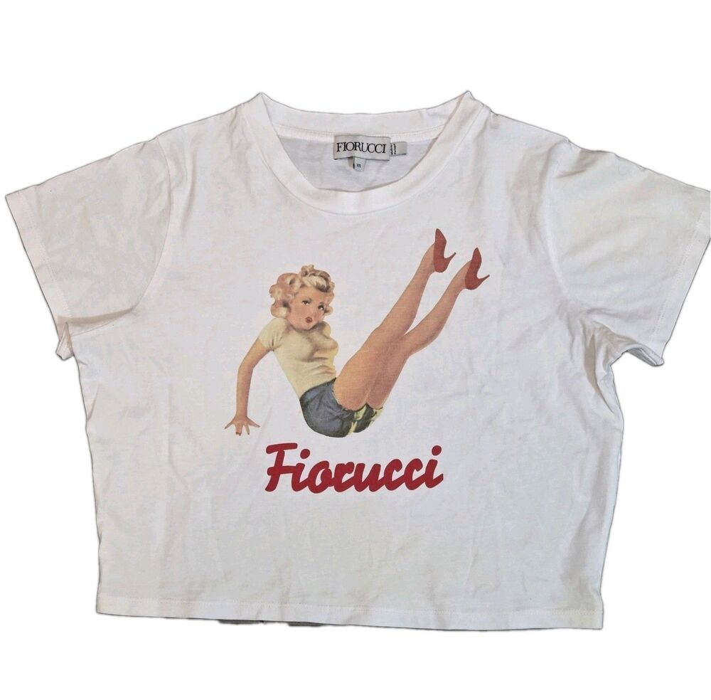 Fiorucci Vintage 90s Pin-Up Girl Graphic Crop Top T-Shirt Womens Sz XS Authentic